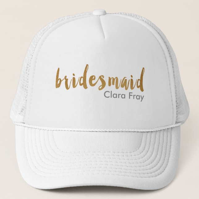 modern elegant faux gold bridesmaid text trucker hat (Front)