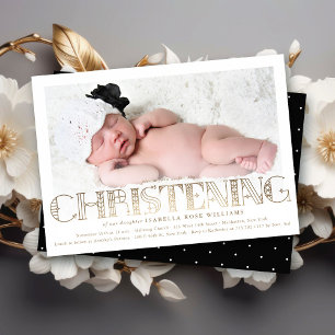 Modern Elegant Faux Gold Foil Christening Photo Invitation