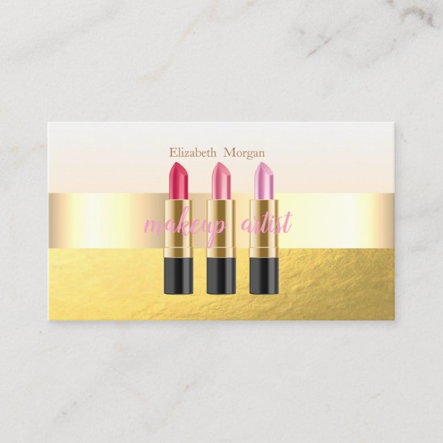 Modern Elegant Faux Gold,Lipstick,Makeup Artist Business Card (Front)