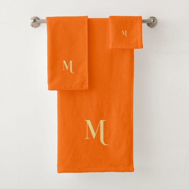 Modern Elegant Faux Gold Monogram Initial Orange Bath Towel Set (Insitu)