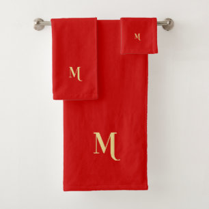 Modern Elegant Faux Gold Monogrammed Initial Red Bath Towel Set