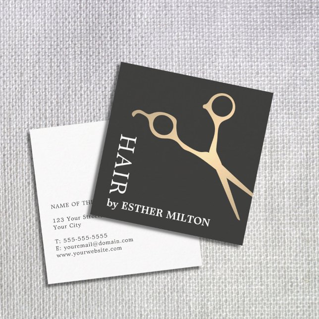 Modern Elegant Faux Gold Scissor Hair Stylist Square Business Card (Creator Uploaded)