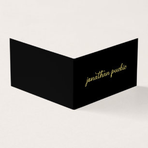 Modern Elegant Faux Gold Script Text Black Folded Business Card