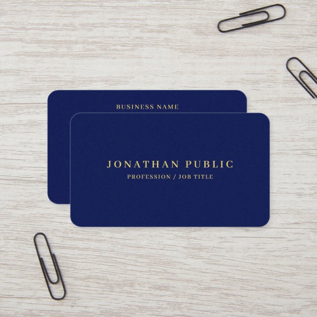 Modern Elegant Faux Gold Text Rounded Corner Blue Business Card (Front/Back In Situ)