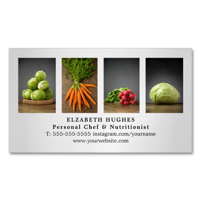 Modern Elegant Faux Silver Vegetable Catering Chef Magnetic Business Card (Front)