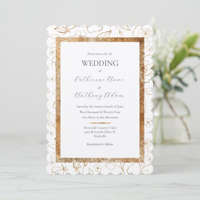 Modern Elegant Felt Gold Floral Wedding  Invitation (Standing Front)