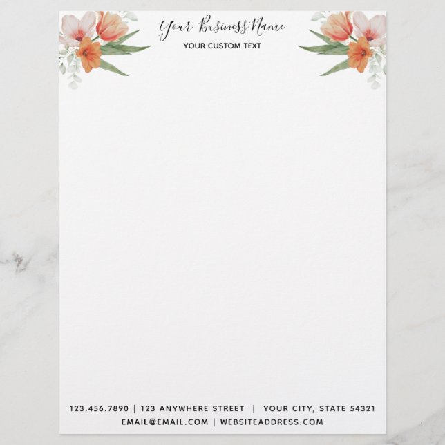 Modern Elegant Femine Watercolor Floral Business Custom Letterhead (Front)