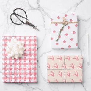 Modern Elegant Festive Pink Clover Deer Gingham Wrapping Paper Sheet