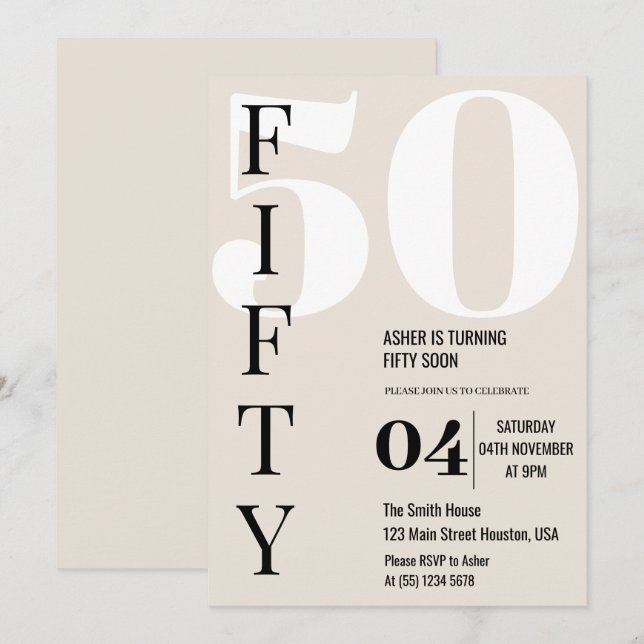 Modern Elegant  FIFTY 50th Birthday Party Invitation (Front/Back)