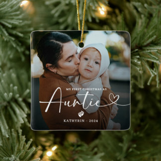 Modern Elegant First Christmas As Auntie Photo Cer Ceramic Ornament