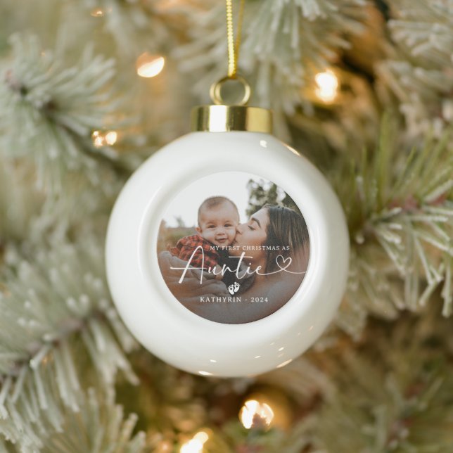 Modern Elegant First Christmas As Auntie Photo Ceramic Ball Christmas Ornament (Tree)