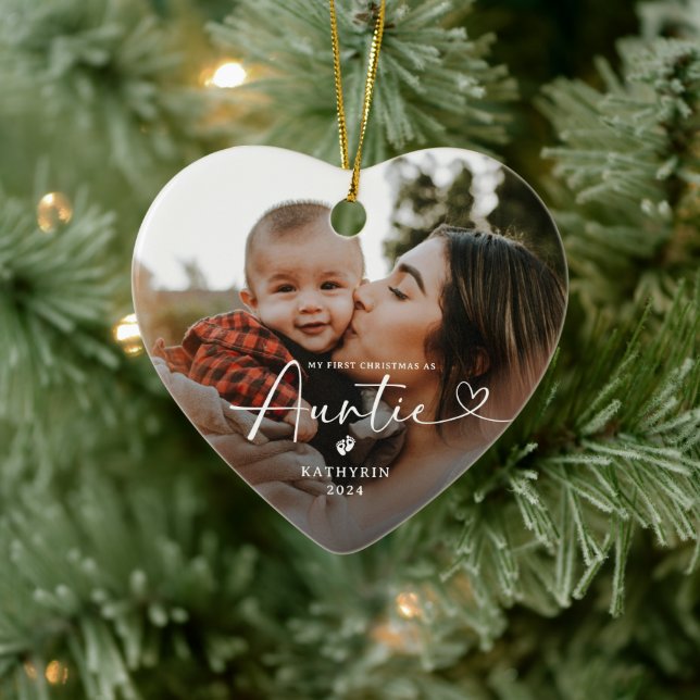 Modern Elegant First Christmas As Auntie Photo Ceramic Tree Decoration (Tree)