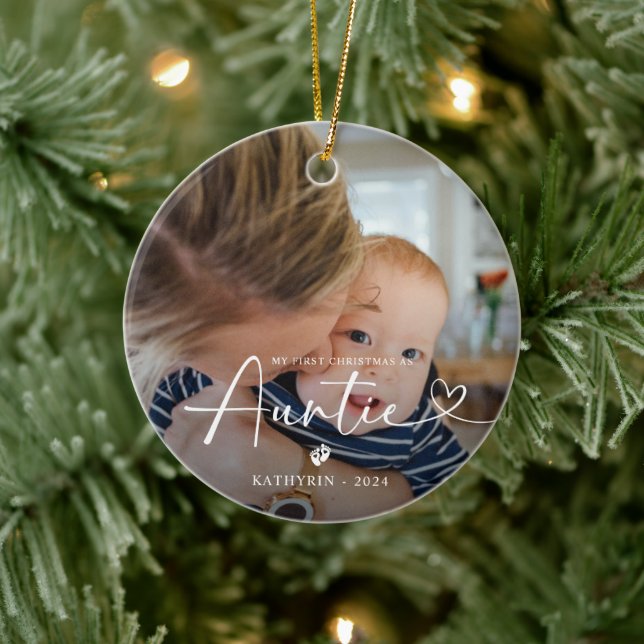 Modern Elegant First Christmas As Auntie Photo Ceramic Tree Decoration (Tree)