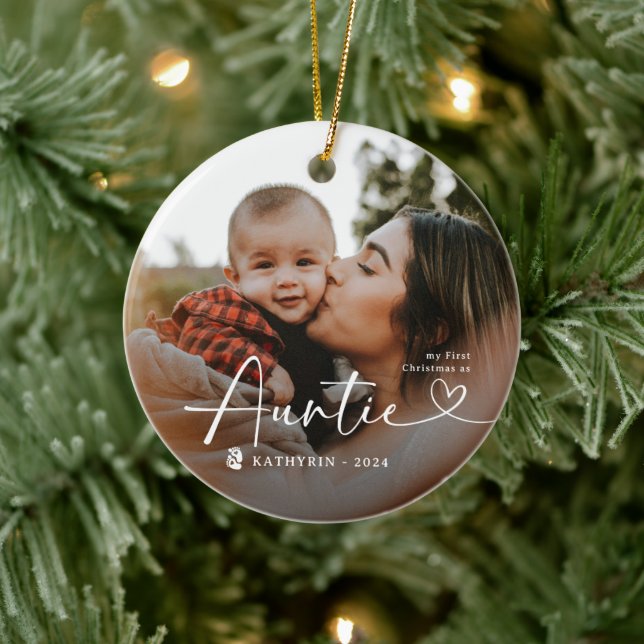 Modern Elegant First Christmas As Auntie Photo Ceramic Tree Decoration (Tree)
