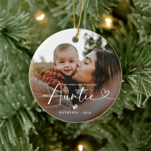 Modern Elegant First Christmas As Auntie Photo Ceramic Tree Decoration (Tree)