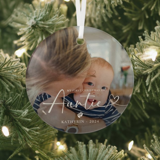 Modern Elegant First Christmas As Auntie Photo Glass Tree Decoration (Insitu)