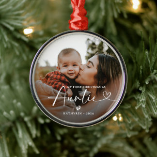 Modern Elegant First Christmas As Auntie Photo Metal Tree Decoration