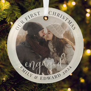 Modern Elegant First Christmas Engaged Photo Ceramic Tree Decoration