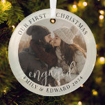 Modern Elegant First Christmas Engaged Photo Glass Tree Decoration<br><div class="desc">Custom-designed photo ornament featuring "our first Christmas engaged" modern simple design with personalised photo,  name,  and year.</div>