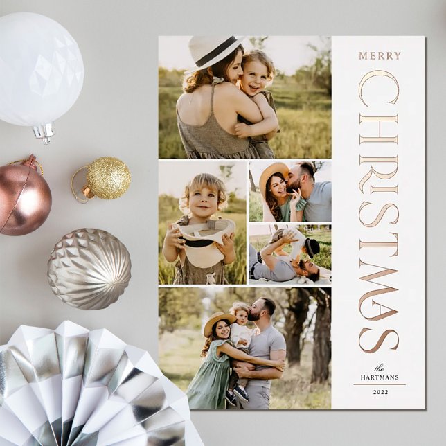 Modern Elegant Five Photo Collage Christmas Foil Holiday Card (Creator Uploaded)