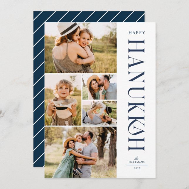 Modern Elegant Five Photo Collage Hanukkah  Holiday Card (Front/Back)