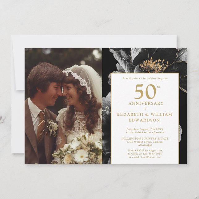 Modern Elegant Floral 50th Anniversary Photo Invitation (Front)