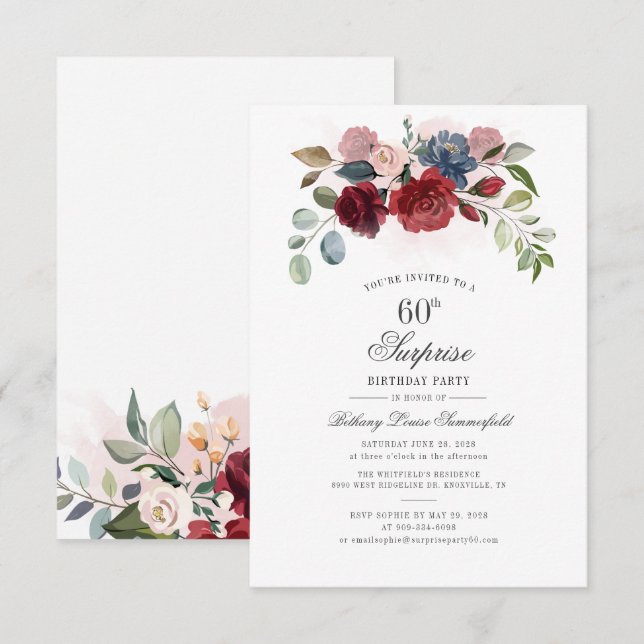 Modern Elegant Floral 60th Birthday Party Invitation (Front/Back)