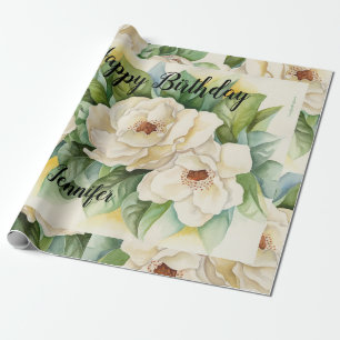 Modern Elegant Floral Birthday Black Name Script Wrapping Paper