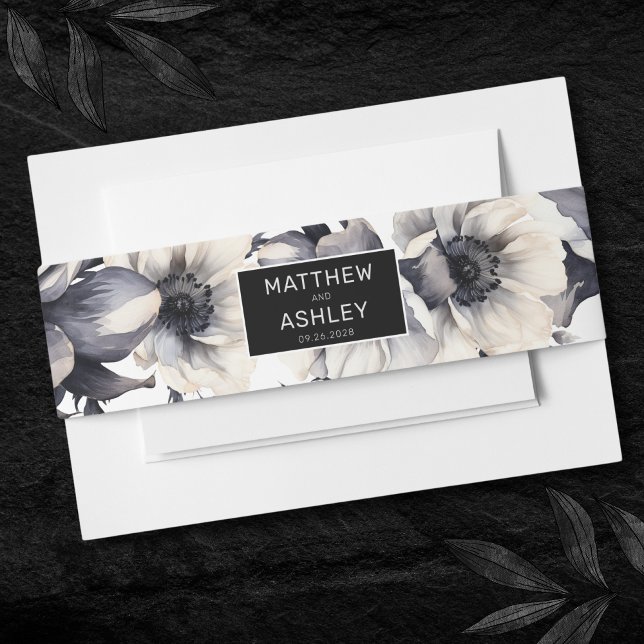 Modern Elegant Floral Black Wedding Invitation Belly Band (Modern Elegant Floral Black White Wedding Invitation Belly Band)