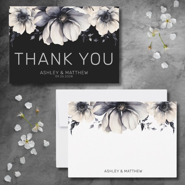 Modern Elegant Floral Black Wedding Thank You Card (Modern Elegant Floral Black Wedding Thank You Card)