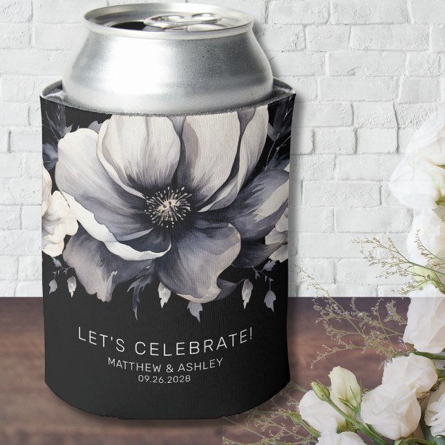Modern Elegant Floral Black White Wedding Favour Can Cooler (Modern Elegant Floral Black White Wedding Favor Can Cooler)