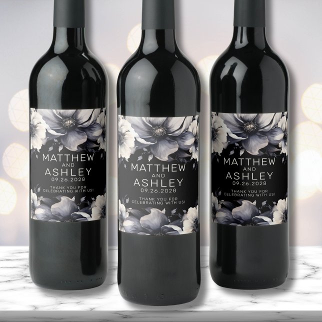 Modern Elegant Floral Black White Wedding Wine Label (Modern Elegant Floral Black White Wedding Wine Label)
