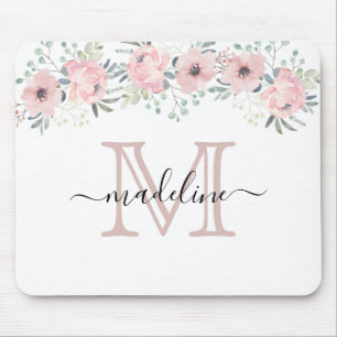 Modern Elegant Floral Blush Pink Monogram Mouse Mat