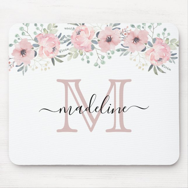 Modern Elegant Floral Blush Pink Monogram Mouse Mat (Front)