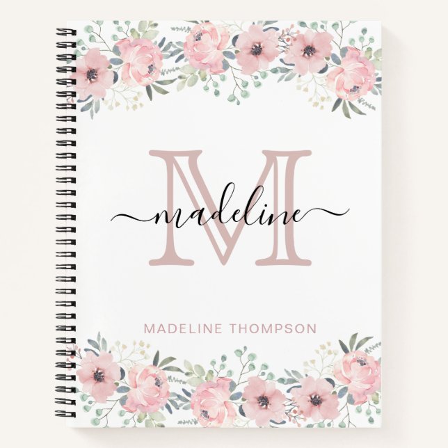 Modern Elegant Floral Blush Pink Monogram Notebook (Front)