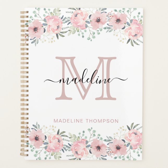 Modern Elegant Floral Blush Pink Monogram Planner (Front)