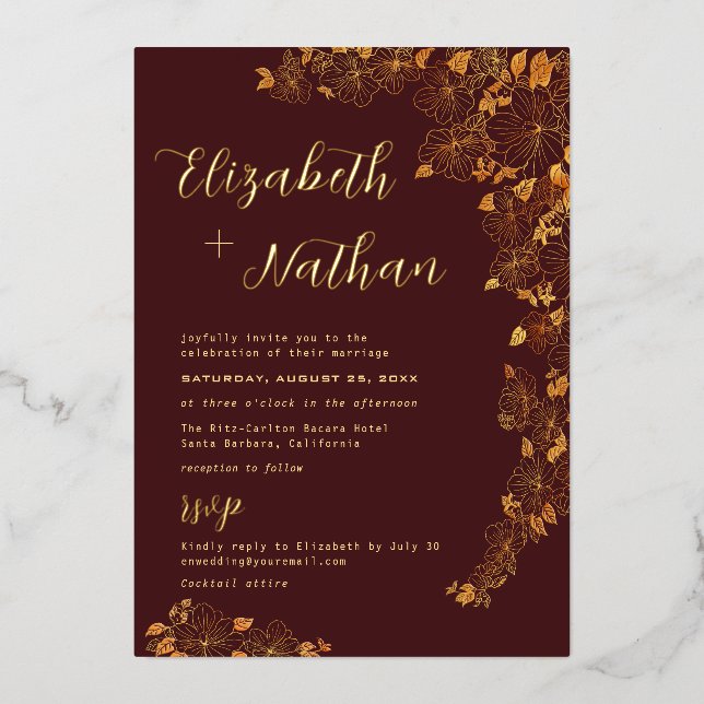 Modern Elegant Floral Burgundy & Gold Wedding  (Front)