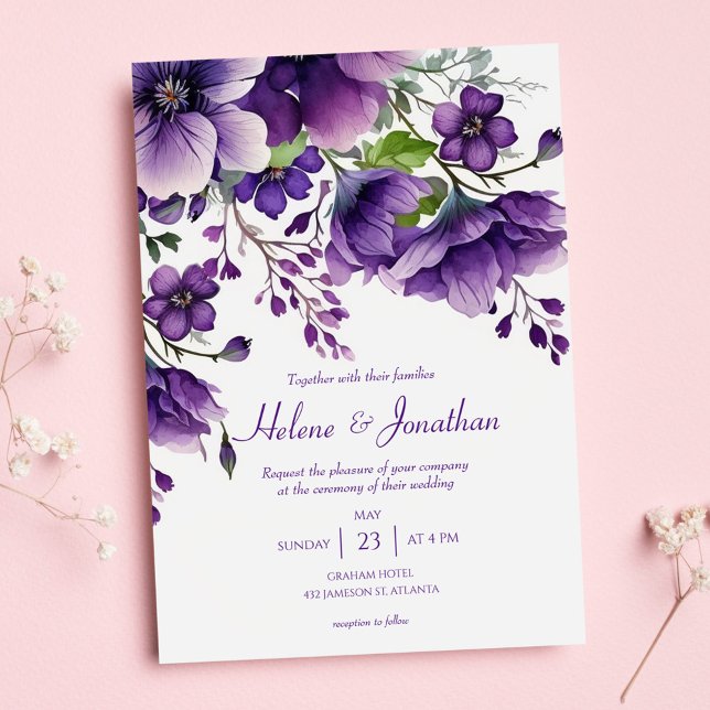 Modern Elegant Floral Chic Purple Boho Wedding Invitation (Creator Uploaded)