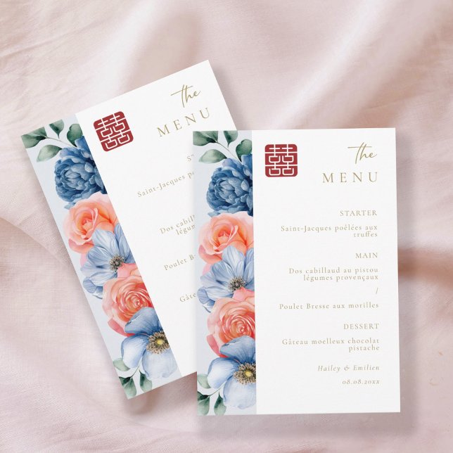 Modern Elegant Floral Chinese Wedding Menu Invitation (Creator Uploaded)