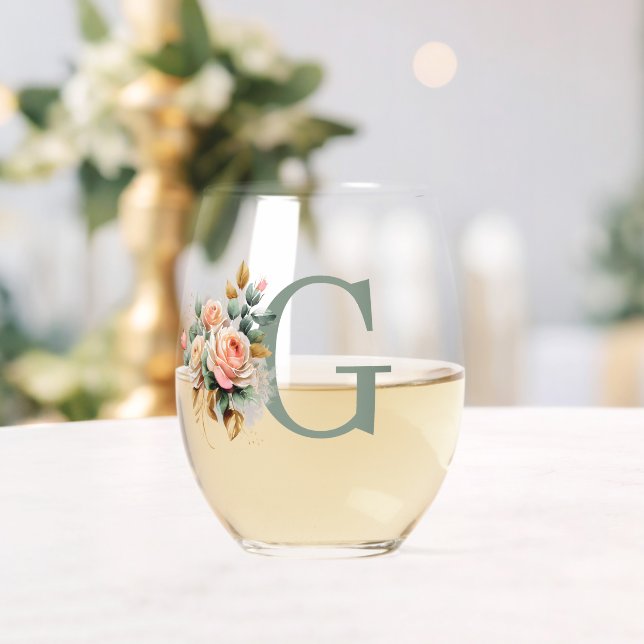 Modern Elegant Floral Custom Monogram Stemless Wine Glass (Insitu (Wedding))