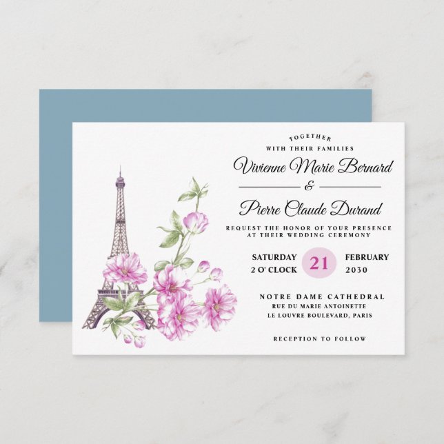 Modern Elegant Floral Destination Eiffel Tower Invitation (Front/Back)