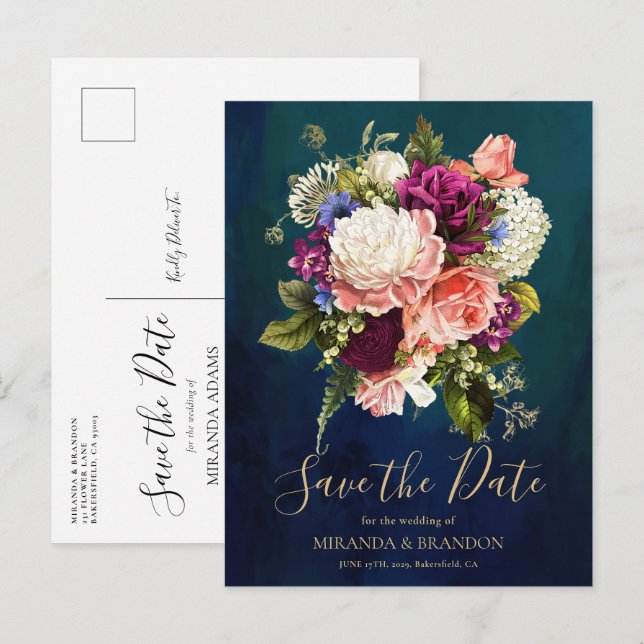 Modern Elegant Floral Emerald Green Gold Wedding Announcement Postcard (Front/Back)