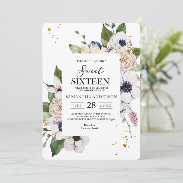 Modern Elegant Floral Frame & Gold Drops Invitation (Standing Front)