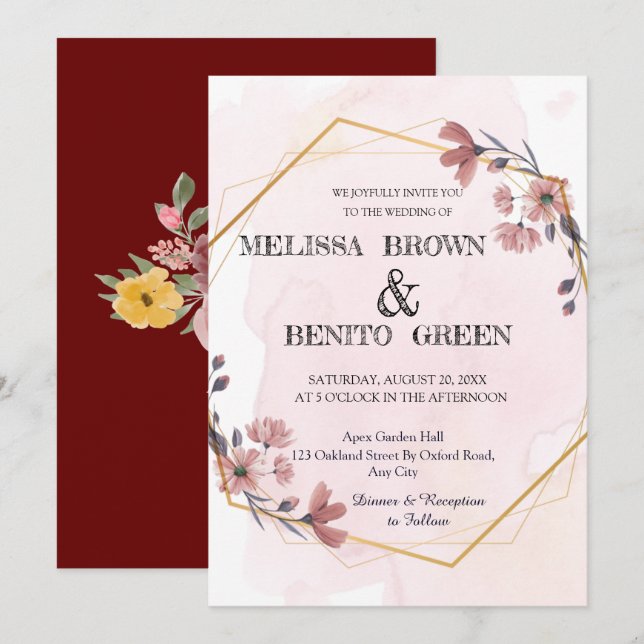 Modern Elegant Floral Geometric Frame Wedding Invitation (Front/Back)