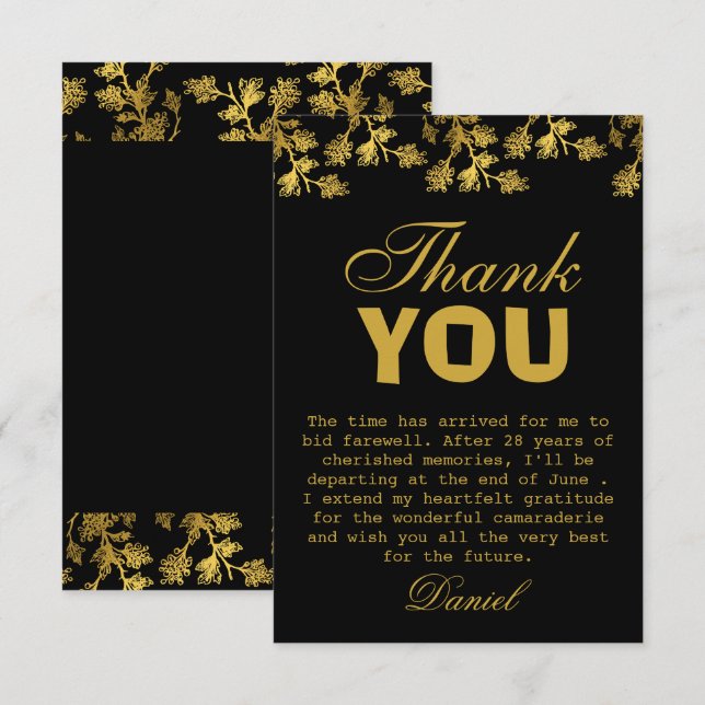 Modern Elegant Floral Gold Black Retirement Party  Thank You Card (Front/Back)