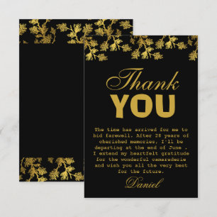 Modern Elegant Floral Gold Black Retirement Party  Thank You Card