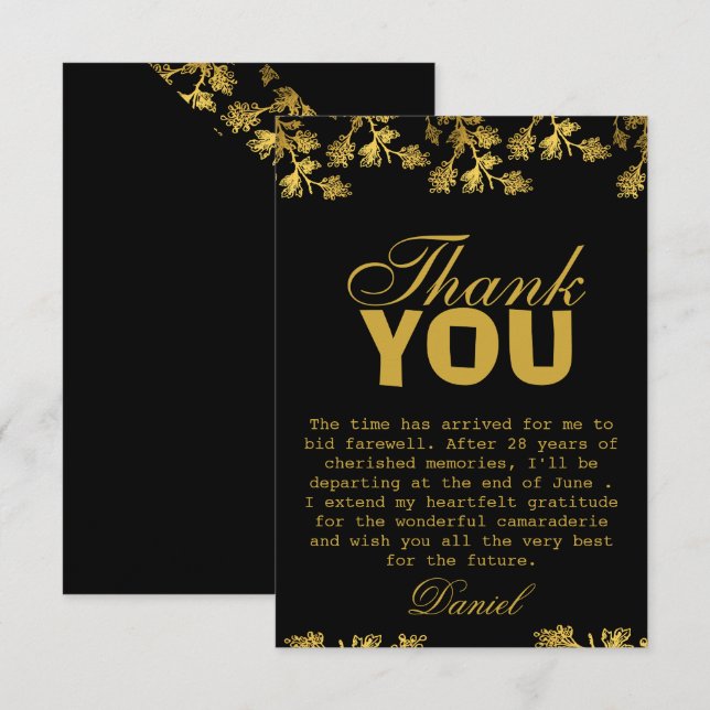 Modern Elegant Floral Gold Black Retirement Party  Thank You Card (Front/Back)