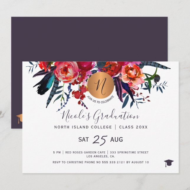 Modern elegant floral gold chic graduation party invitation (Front/Back)
