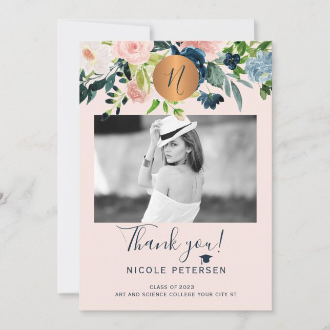 Modern elegant floral gold grad photo graduation thank you card (Front)