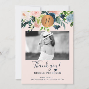 Modern elegant floral gold grad photo graduation thank you card